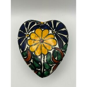 Amora Talavera Pottery Heart Trinket Box Hand Painted Floral Mexican Folk Art